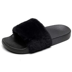 Faux Leather Fluffy Sliders